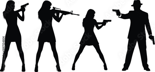 Armed men and women silhouettes aiming guns in dramatic action poses, crime thriller concept, secret agents standoff, minimalist black vector style illustration