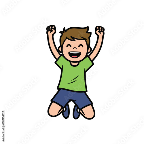 Happy boy jumping in air with arms raised in excitement