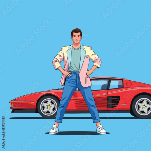 Retro styled man standing confidently in front of a red sports car