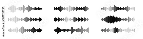 Audio and music waveform vector icons, sound, voice, radio, signal, frequency, beat, pulse, player, equalizer, clip, digital illustration on transparent background