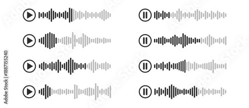 Audio waveform and sound wave vector icons, voice, podcast, microphone, music, digital signal, frequency, equalizer, radio, media player, pulse, beat, track, abstract illustration