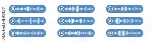 Vector audio and sound wave icons set, including music, voice, podcast, player, rhythm, track, and digital signal illustration