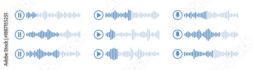 Voice message audio waveform interface, podcast and microphone player with play and pause buttons, mobile app vector illustration