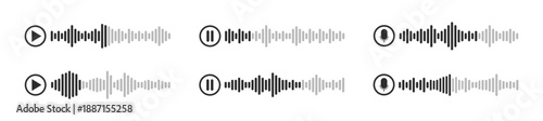 Audio message and podcast waveform icons, voice, chat, voicemail, music, sound, record, playback, player, digital interface vector on transparent background
