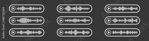 Podcast and audio waveform icons, sound, music, voice, record, radio, signal, spectrum, player, media, interface, digital vector illustration 