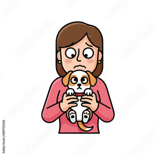 Woman holding a cute puppy with worried expression on face