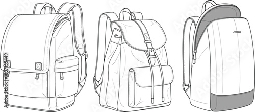 Backpack bag design collection technical flat sketches showing multiple views pockets straps and closures travel school accessory cad drawing flat vector illustration