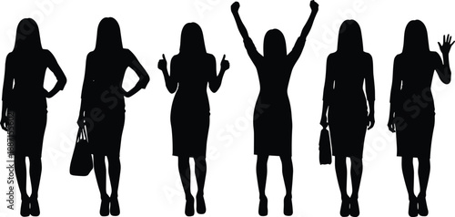 Black vector silhouettes of six business women standing in row with different poses expressing confidence and success isolated on white background for corporate concept.