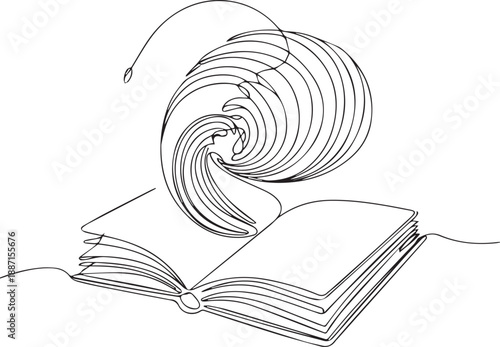 An open book with swirling lines emerging from its pages viewed from above in a simple line drawing style