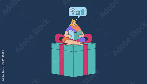 Woman sitting on gift box with thought bubble ideas