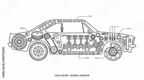 Vehicle Anatomy Vector Illustration – Black-and-White Car Composed of Engineered Mechanical Parts for Automotive Design, Education, and Engineering Concept Use