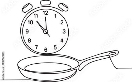 A frying pan and alarm clock on a kitchen counter, viewed from the side, indicating mealtime is near