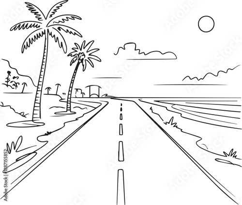 A serene coastal road lined with palm trees leading to the beach at sunset from a distant viewpoint.