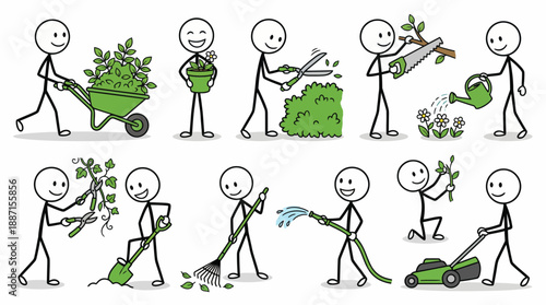 Gardening Activity Icon Set – 10 Black-and-White Stick Figure Vectors for Garden Maintenance, Tool Use, and Outdoor Care Instructional Design
