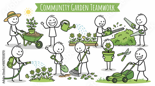 Gardening Activity Icon Set – 10 Black-and-White Stick Figure Vectors for Garden Maintenance, Tool Use, and Outdoor Care Instructional Design