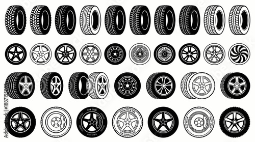 Tire Tread & Wheel Rim Vector Set – Black-and-White Automotive Icons for Off-Road, Performance, and Design Reference Use