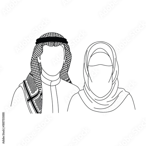Arab Man and Woman Traditional Clothing Illustration – Middle East Muslim Couple Line Art