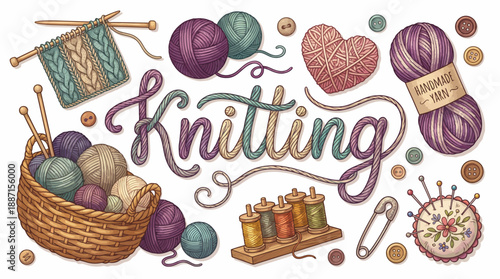 Knitting Craft Vector Illustration – Colorful Yarn Balls, Needles, Basket, and Tools Surrounding Stylized “KNITTING” Text for DIY and Hobby Design Use