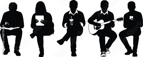 Vector silhouettes of young people sitting in a row on white background engaging in different hobbies like reading, playing guitar, drinking coffee and using technology.