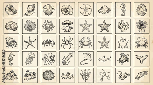 Marine Life Tile Vector Set – 40 Black-and-White Vintage Ocean Icons Featuring Shells, Fish, Coral, and Sea Creatures for Educational and Design Use
