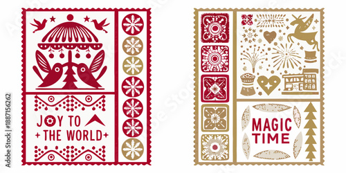 Festive holiday postage stamps featuring birds hearts and winter imagery