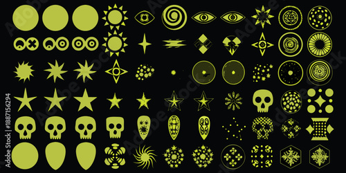A collection of glowing green mystical symbols and geometric shapes on black