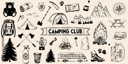 A collection of vintage camping themed illustrations and hand drawn elements