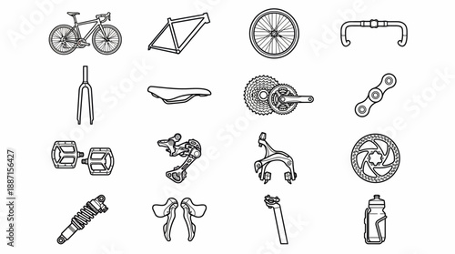 Bicycle Parts Vector Icon Set – 16 Black Line Illustrations Featuring Frame, Gears, Brakes, Handlebars, and Wheels for Cycling Design and Educational Use