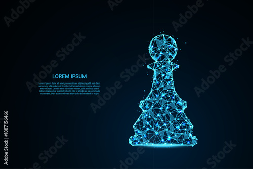 A digital low-poly wireframe illustration of a glowing blue chess king piece set against a dark background