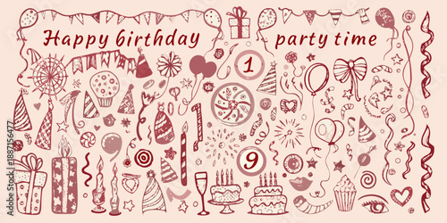 Hand drawn birthday doodles with cakes balloons and festive decorations