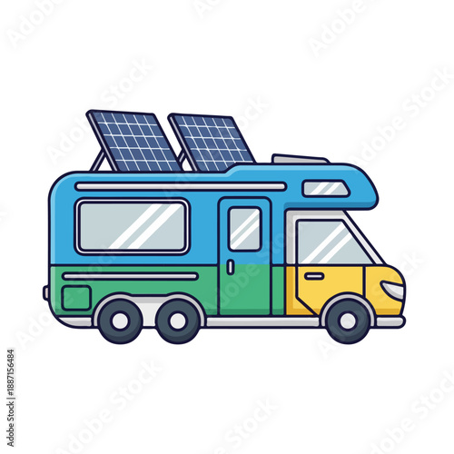 Colorful RV with solar panels on roof for eco friendly travel