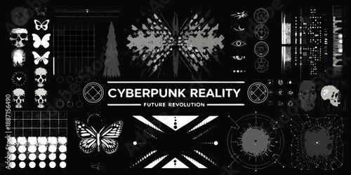 Cyberpunk reality a collage of futuristic symbols skulls and butterfly motifs