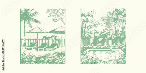 A serene tropical scene with palm trees lounge chairs and a poolside view