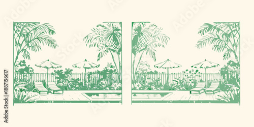 A serene poolside scene with palm trees and beach umbrellas in green