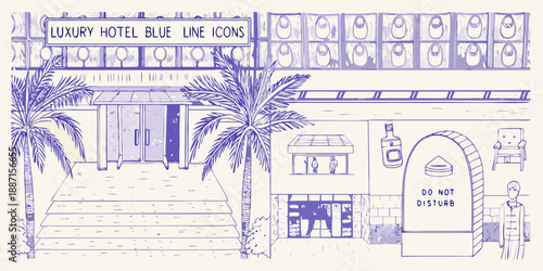 Sketch of a luxury hotel entrance with palm trees and architectural details