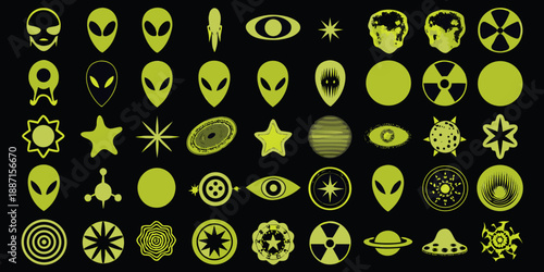 A vibrant collection of glowing green alien heads symbols and celestial shapes