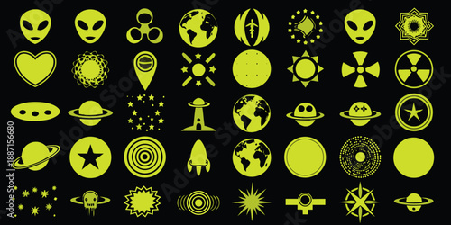 A vibrant collection of alien space and sci fi themed glowing green icons