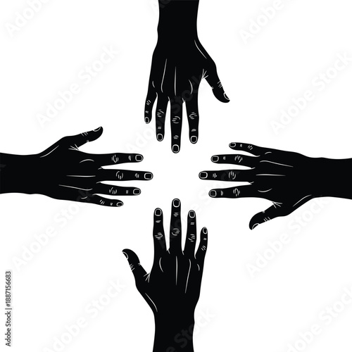 Black silhouettes of four hands reaching toward center on white background, concept of teamwork cooperation unity support community connection and diverse people working together.