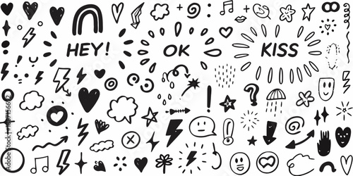 A playful collection of hand drawn doodles symbols and handwritten phrases