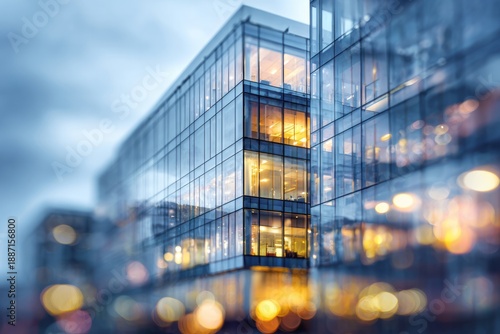 Modern glass building with glowing interior lights and blurred city lights.