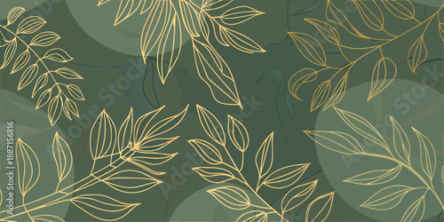 Elegant dark green background with golden linear botanical leaf patterns