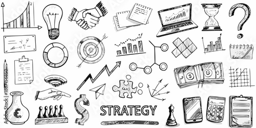 Sketch collection illustrating business concepts innovation and strategic planning elements