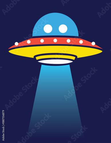 Colorful cartoon style flying saucer ufo emitting bright light beam vector illustration against dark blue background