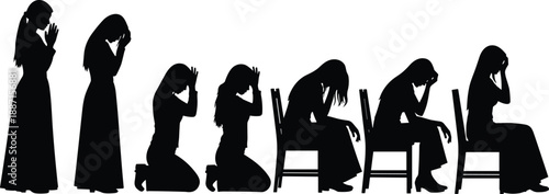 Set of black silhouettes showing women praying standing kneeling and sitting in despair on white background, concept of grief sadness hope and religious faith