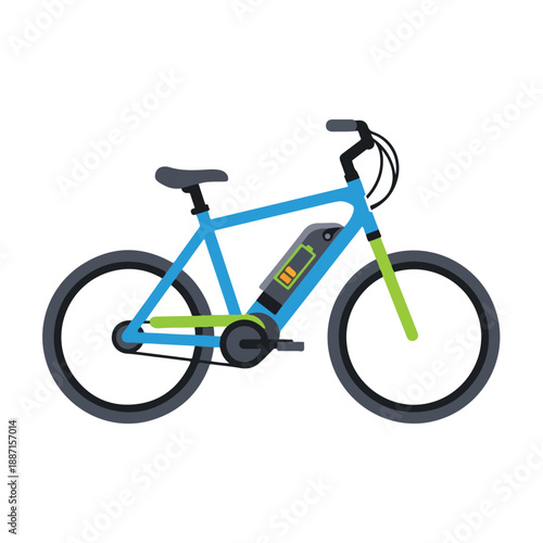 Electric bicycle with blue frame and black wheels on white background