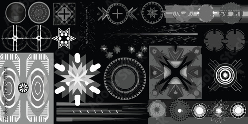 An assortment of geometric designs and ornamental elements in grayscale