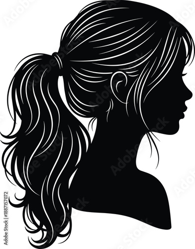 Black silhouette profile of a beautiful young woman with long wavy ponytail hair isolated on white background, female head side view vector illustration.