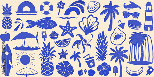 A vibrant collection of blue summer themed illustrations and tropical elements