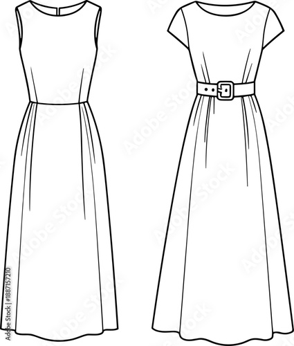Fashion illustration of two long pleated dresses with sleeveless and short-sleeved bodices, elegant garment sketch for design and sewing.