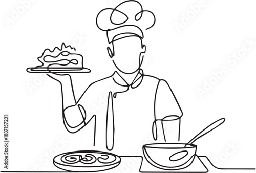 A chef presenting a culinary dish in a kitchen environment from a frontal viewpoint